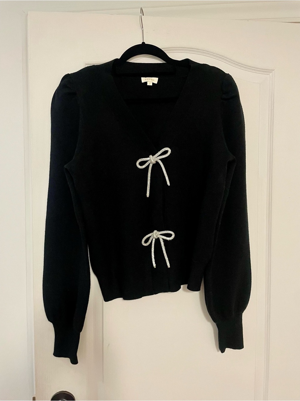Laura Black V-Neck Bow-Tie Cardigan Sweater Size Medium